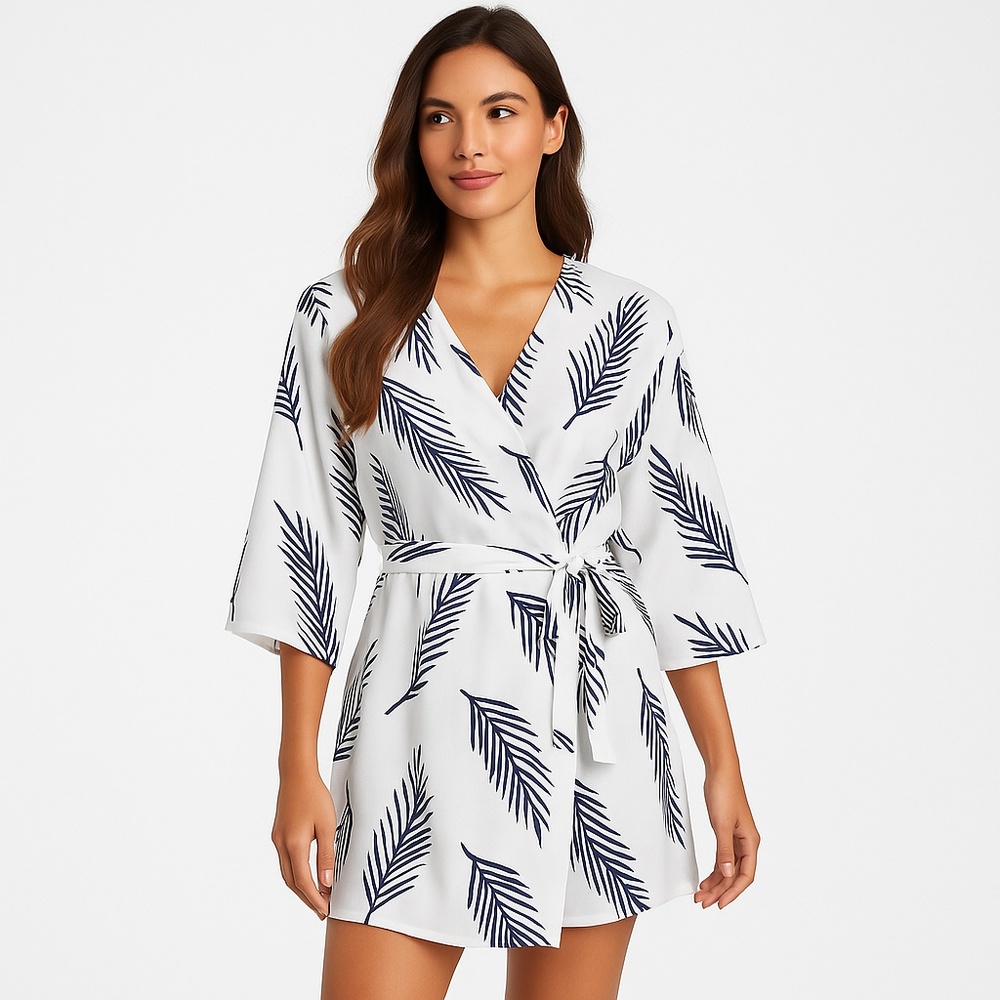 Cupshe Womens Medium Blue & White Wrap‎ Romper Belted Waist 3/4 Sleeves Chic